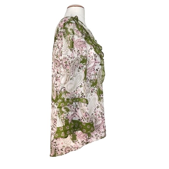 Cottagecore Sheer Ruffle Womens Lg Green Pink Paisley Floral Tunic Top Boho Ties - Picture 5 of 10